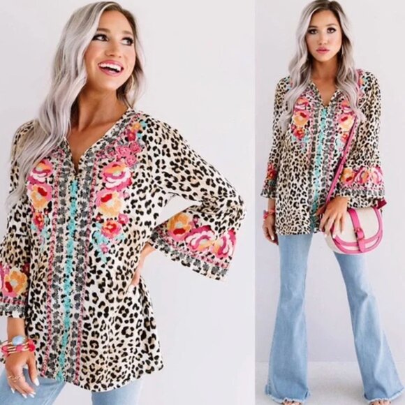 Savanna Jane Tops - Savanna Jane Floral Embroidered Leopard Print Top - Multi colored size M